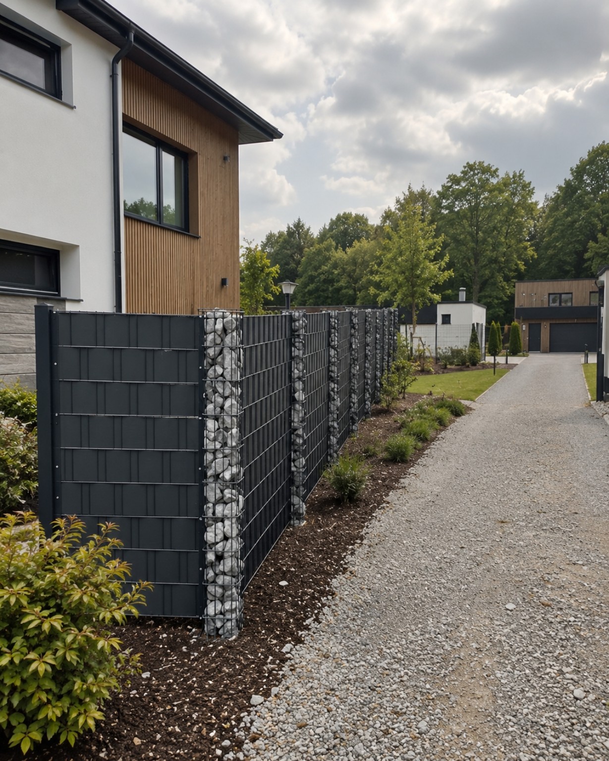 Zaun mit Gabionen und Sichtschutz